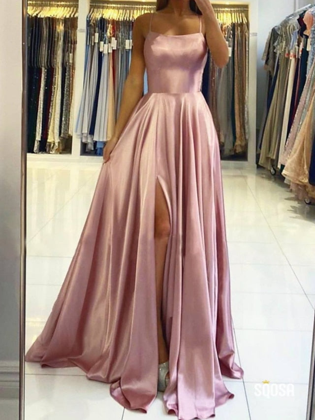 A-Line Prom Dresses Sexy Dress Formal Sweep / Brush Train Sleeveless Strapless Stretch Satin Backless with Pleats Slit 2023 - LuckyFash™