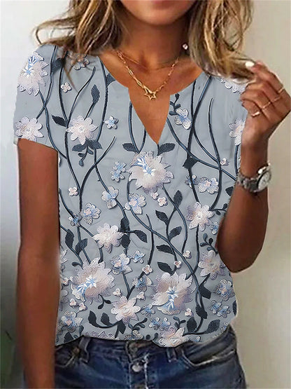 Women's T shirt Tee Henley Shirt Leaf Holiday Weekend Print White Short Sleeve Basic V Neck