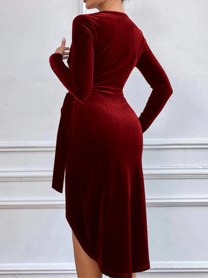 Women's Velvet Dress Party Dress Cocktail Dress Velvet Ruched V Neck Long Sleeve Midi Dress Christmas Birthday Wine Winter