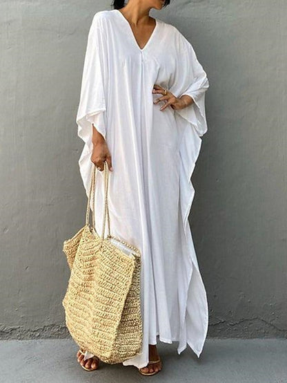 Women's White Dress Cover Up Beach Wear Maxi long Dress Split Basic Casual Plain V Neck 3/4 Length Sleeve Loose Fit Outdoor Daily White Yellow 2023 Summer Spring One Size