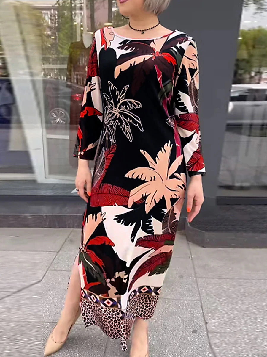 Women's Split Print Crew Neck Maxi long Dress Daily Vacation Long Sleeve Summer Spring