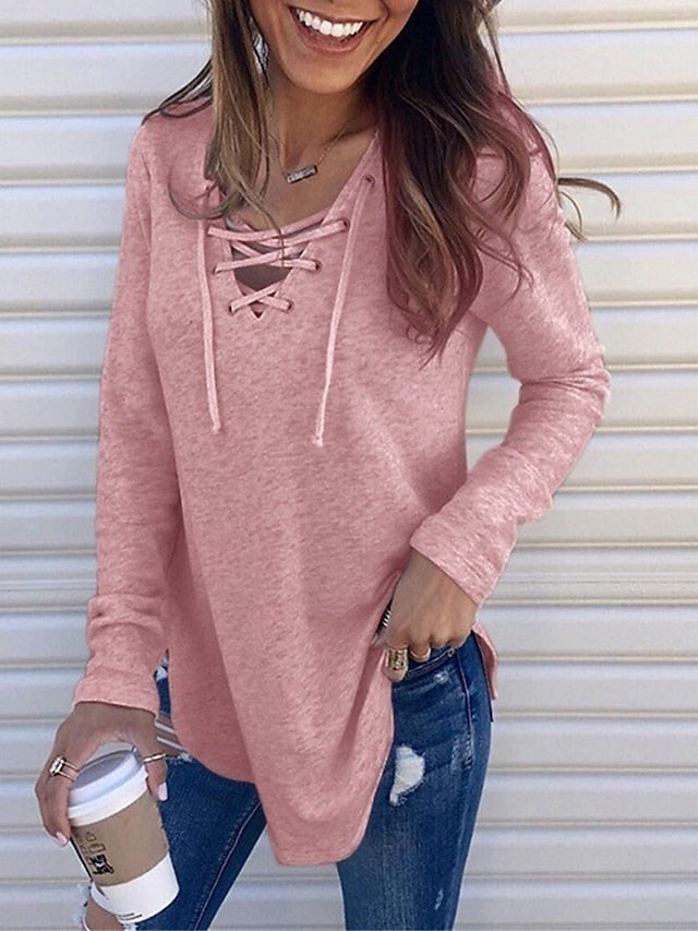 Women's Pullover Sweater Jumper V Neck Ribbed Knit Cotton Blend Lace up Summer Fall Outdoor Daily Going out Stylish Casual Soft Long Sleeve Solid Color Maillard Black White Pink S M L