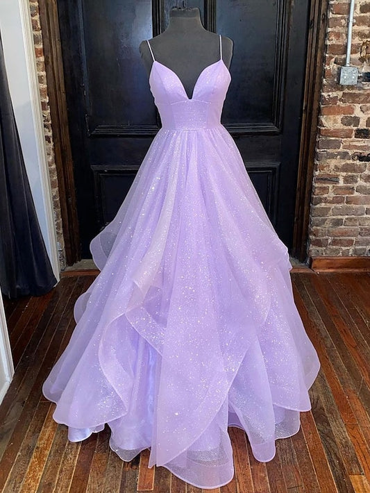 Ball Gown A-Line Prom Dresses Sparkle & Shine Dress Formal Floor Length Sleeveless Sweetheart Tulle Backless with Pleats Ruffles 2023 - LuckyFash™