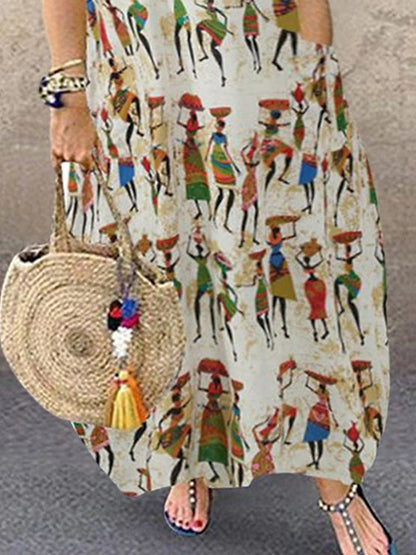 Women‘s Plus Size Curve Casual Dress Shift Dress Graphic Long Dress Maxi Dress Short Sleeve Pocket Print Crew Neck Fashion Daily Khaki Summer Spring L XL XXL 3XL 4XL