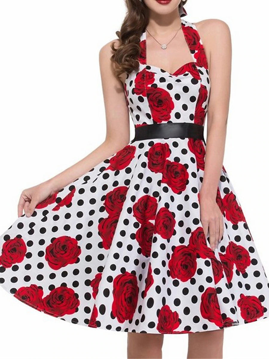 Women's Retro 1950s Vintage Tea Dresses Midi Dress Party Holiday Backless Print Floral Halter Sleeveless Regular Fit Summer Spring 2023 Black White S M L XL