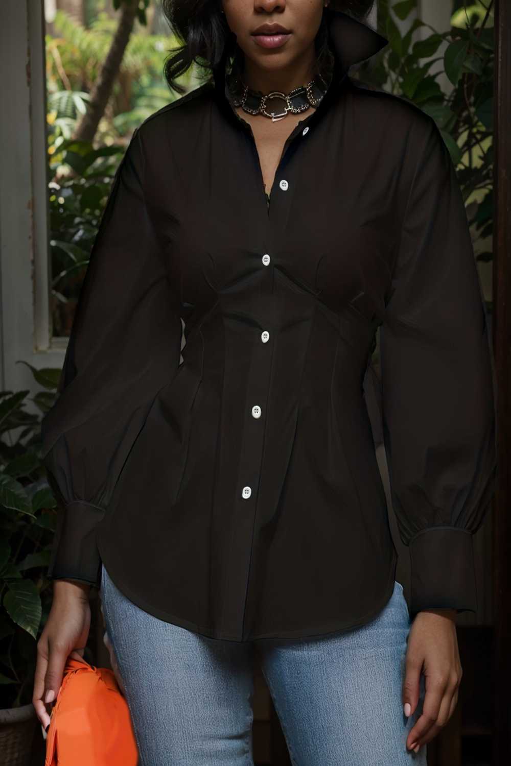 plus size casual blouse women s plus solid button up lantern sleeve turn down collar nipped waist blouse 106600