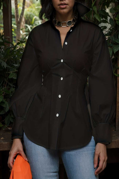 plus size casual blouse women s plus solid button up lantern sleeve turn down collar nipped waist blouse 111961