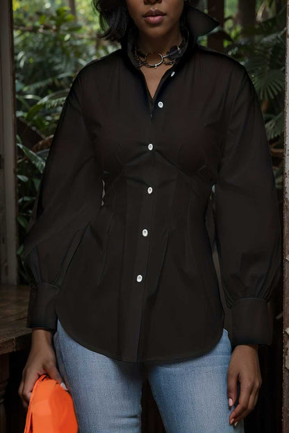 plus size casual blouse women s plus solid button up lantern sleeve turn down collar nipped waist blouse 106599