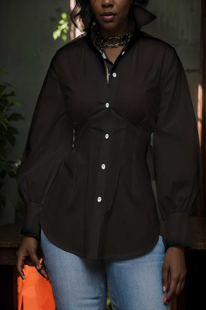 plus size casual blouse women s plus solid button up lantern sleeve turn down collar nipped waist blouse 106598