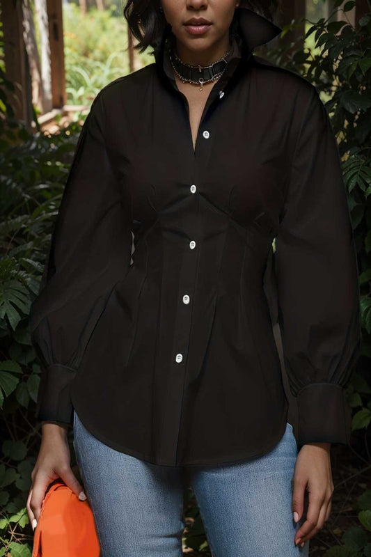 plus size casual blouse women s plus solid button up lantern sleeve turn down collar nipped waist blouse 148706