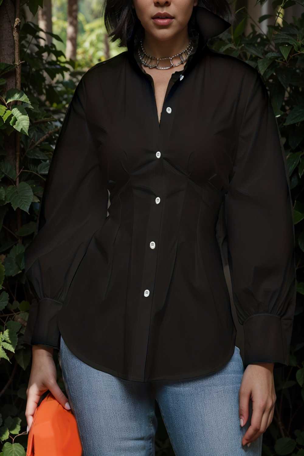 plus size casual blouse women s plus solid button up lantern sleeve turn down collar nipped waist blouse 106597