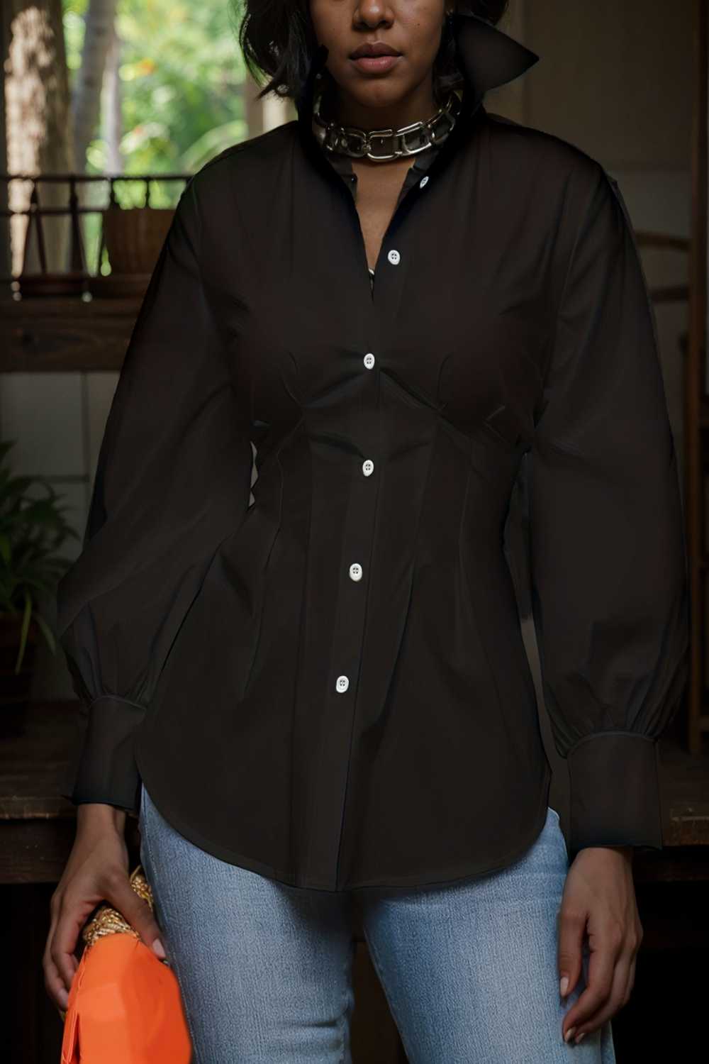plus size casual blouse women s plus solid button up lantern sleeve turn down collar nipped waist blouse 111958