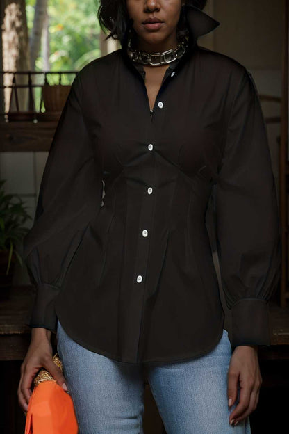 plus size casual blouse women s plus solid button up lantern sleeve turn down collar nipped waist blouse 111958