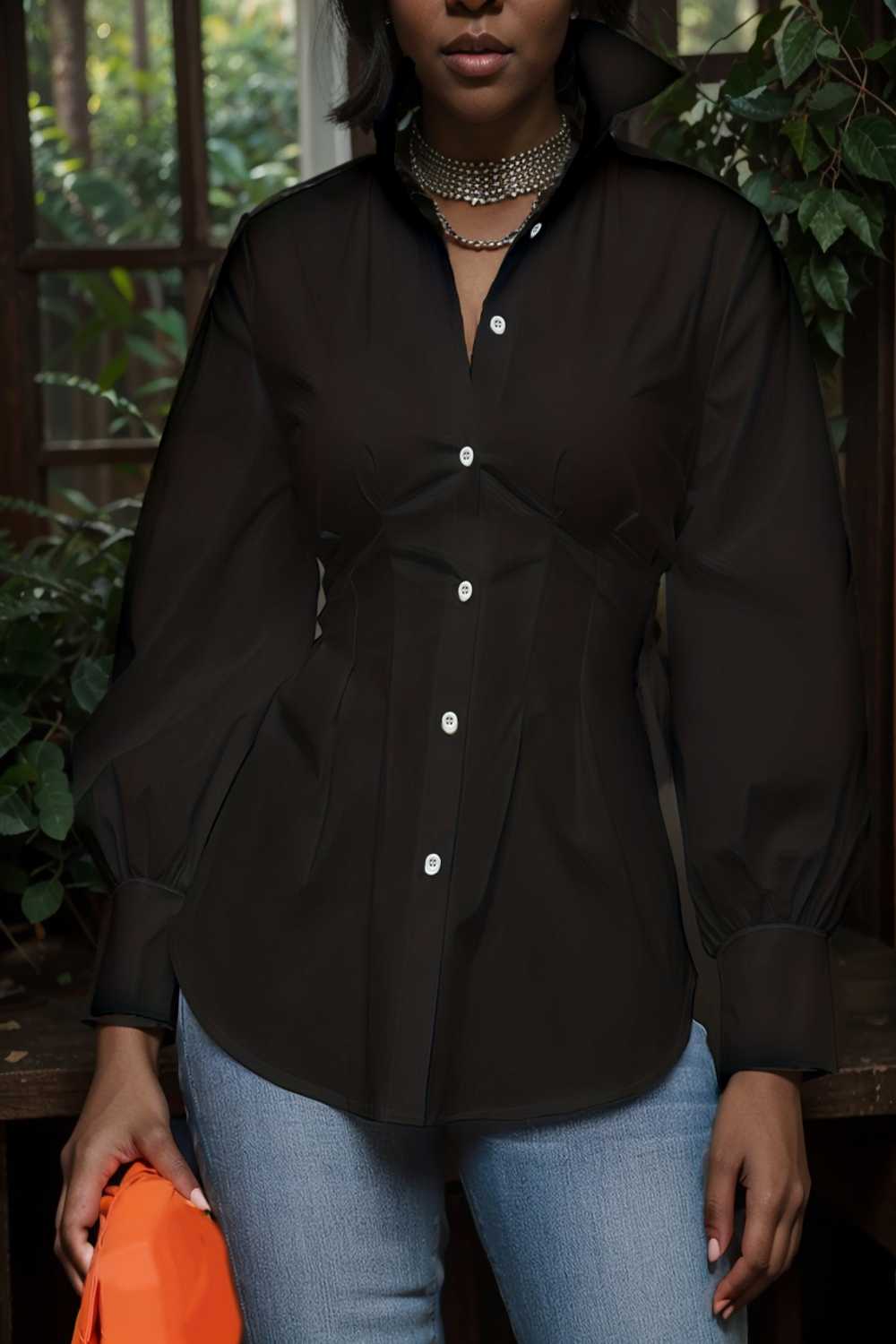 plus size casual blouse women s plus solid button up lantern sleeve turn down collar nipped waist blouse 106596