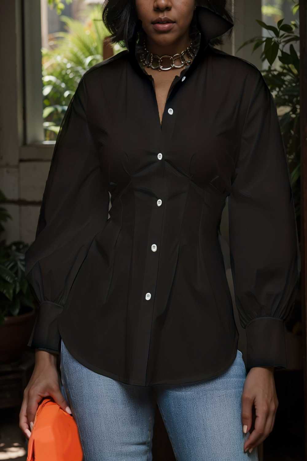 plus size casual blouse women s plus solid button up lantern sleeve turn down collar nipped waist blouse 111957