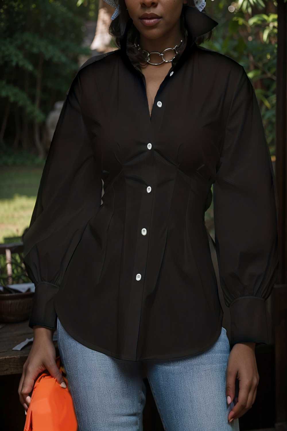 plus size casual blouse women s plus solid button up lantern sleeve turn down collar nipped waist blouse 106595