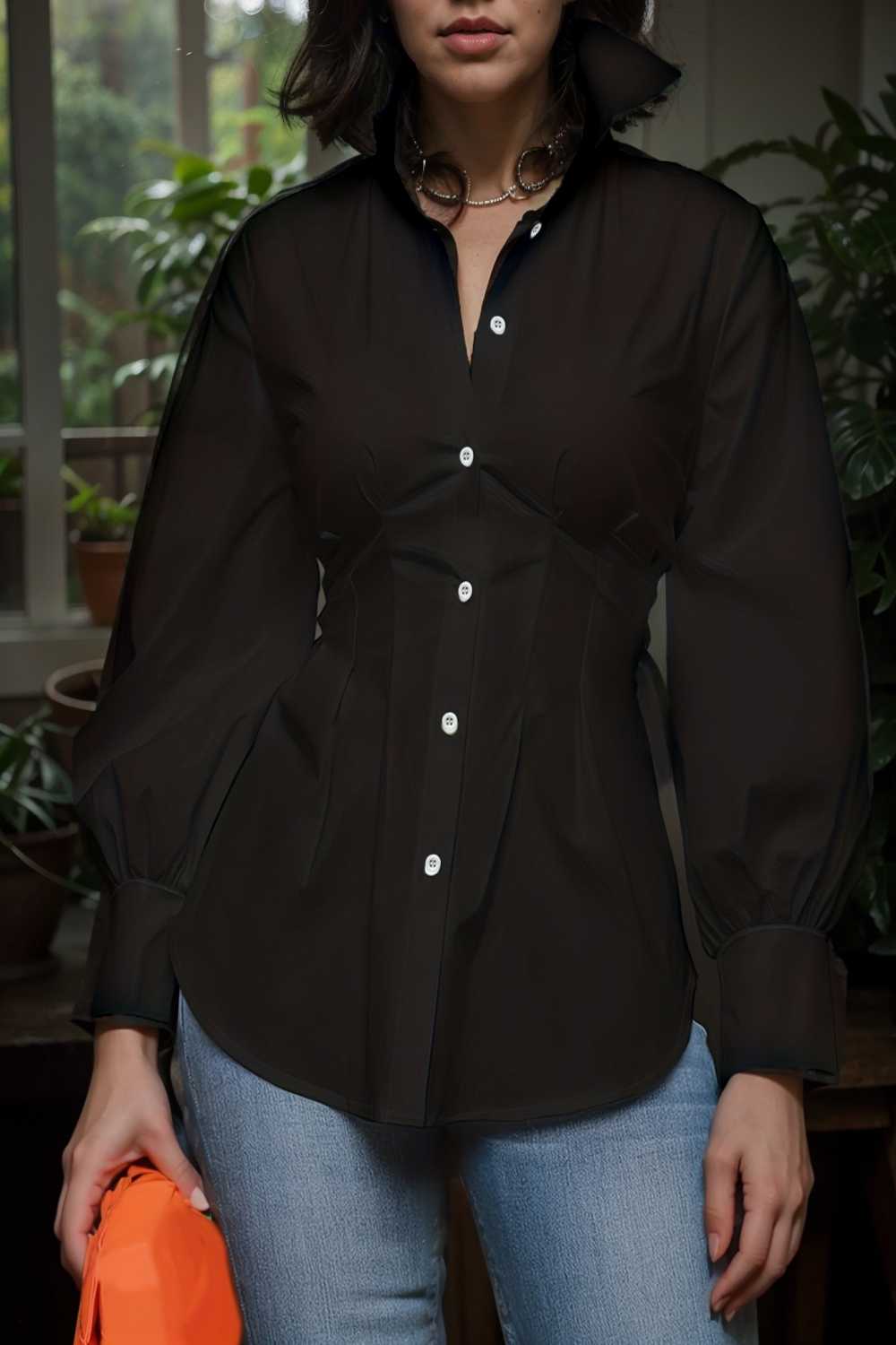 plus size casual blouse women s plus solid button up lantern sleeve turn down collar nipped waist blouse 111956