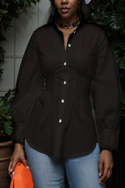 plus size casual blouse women s plus solid button up lantern sleeve turn down collar nipped waist blouse 106594