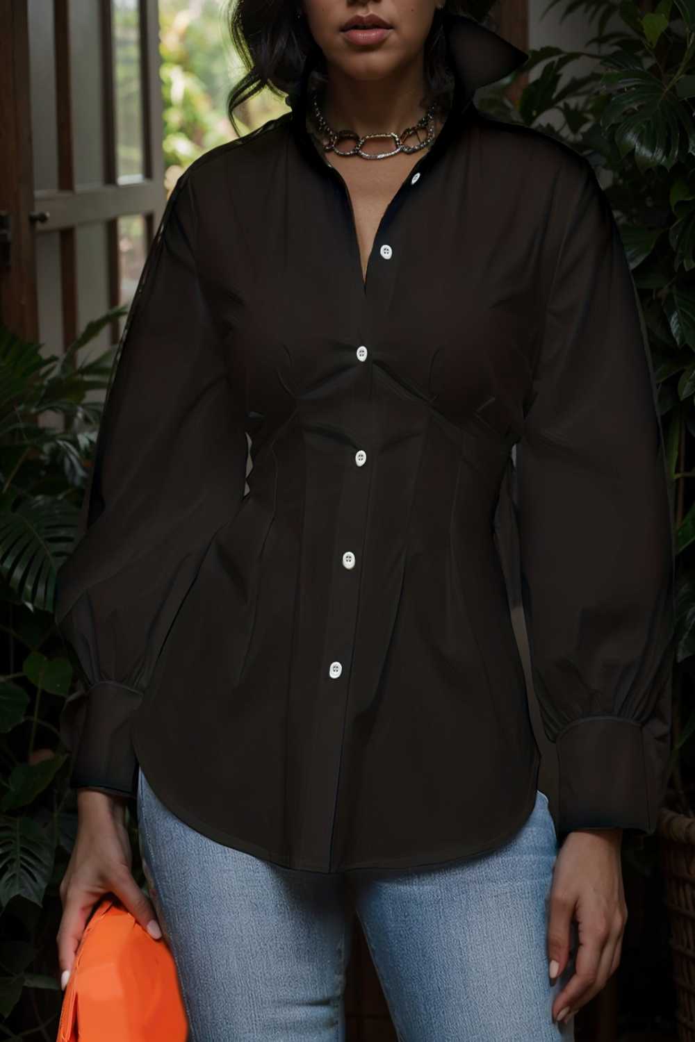 plus size casual blouse women s plus solid button up lantern sleeve turn down collar nipped waist blouse 111955