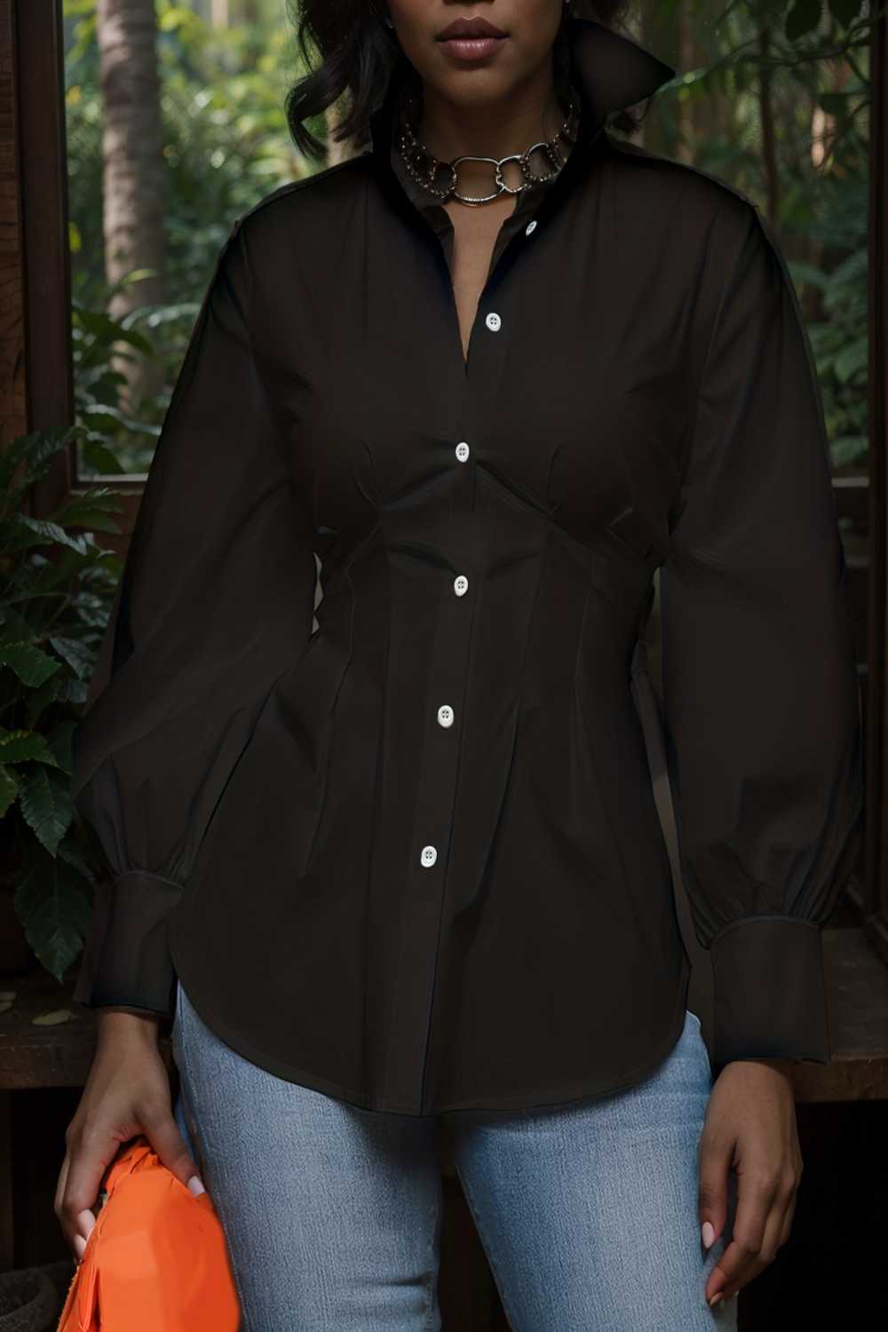 plus size casual blouse women s plus solid button up lantern sleeve turn down collar nipped waist blouse 106593