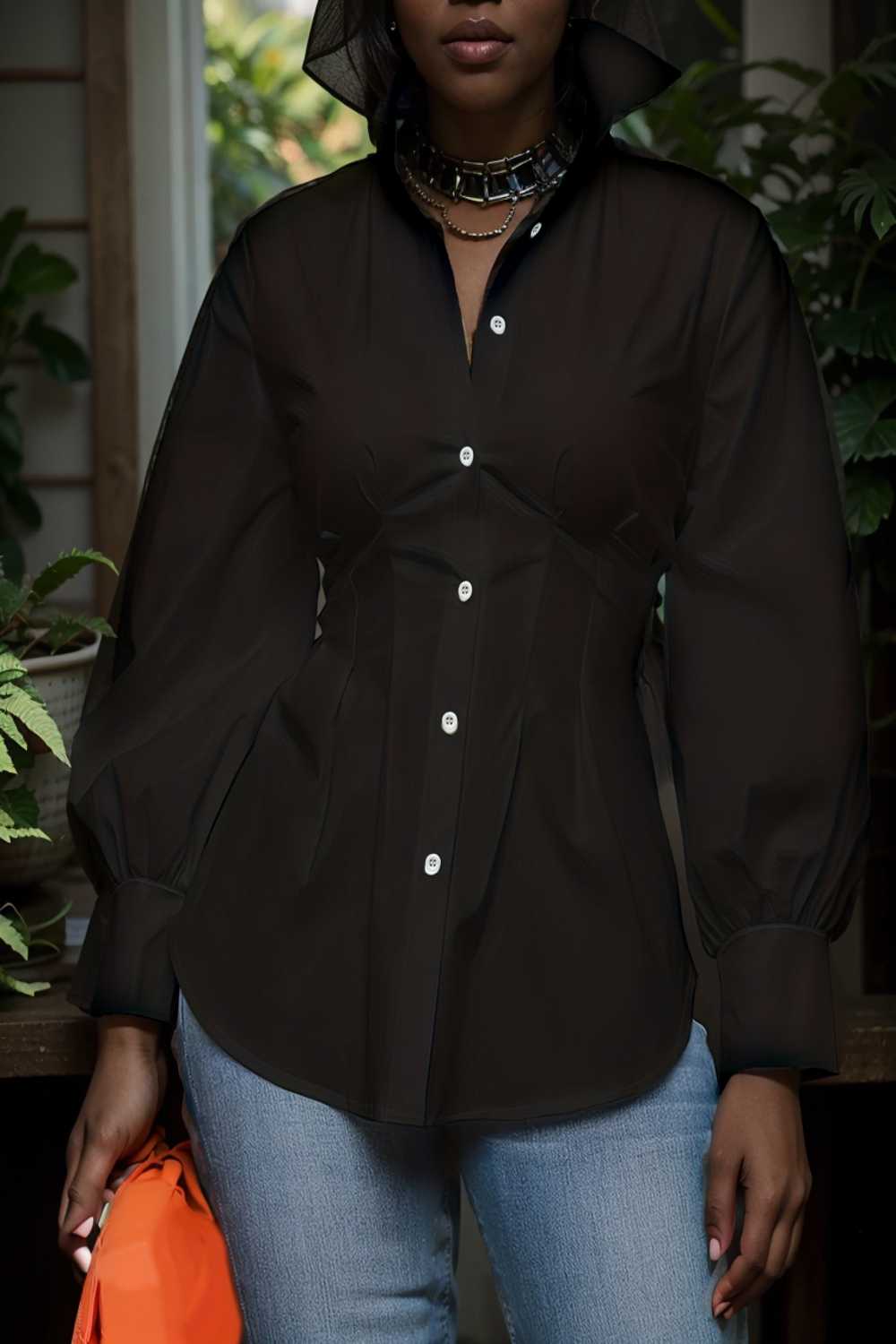 plus size casual blouse women s plus solid button up lantern sleeve turn down collar nipped waist blouse 106592