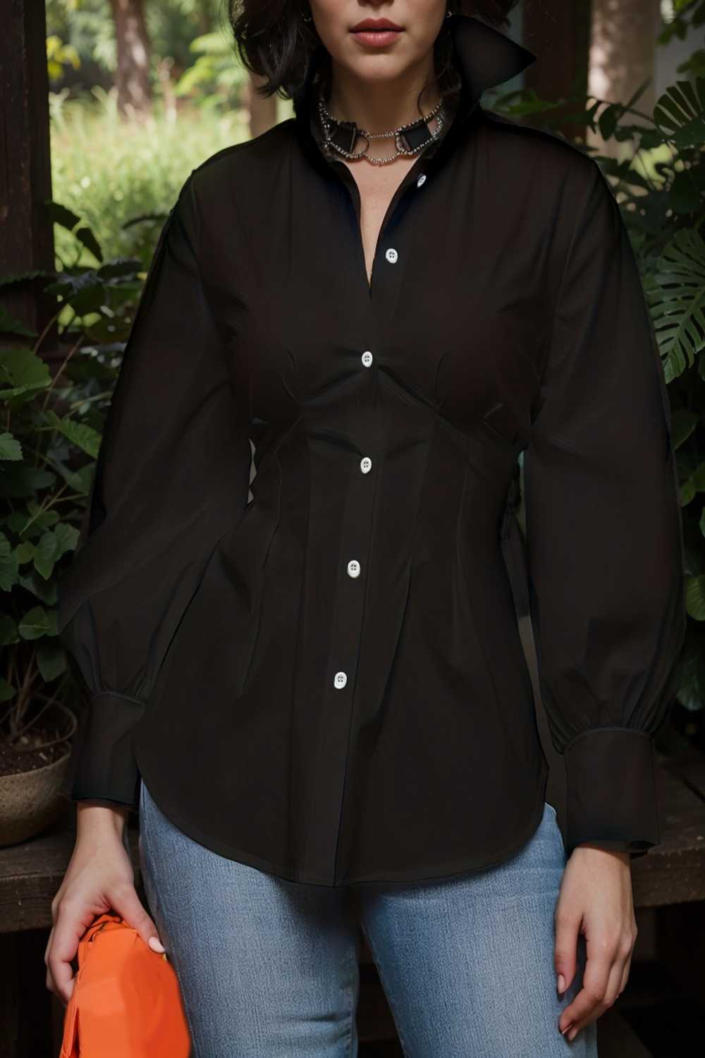 plus size casual blouse women s plus solid button up lantern sleeve turn down collar nipped waist blouse 106591