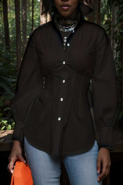 plus size casual blouse women s plus solid button up lantern sleeve turn down collar nipped waist blouse 106589