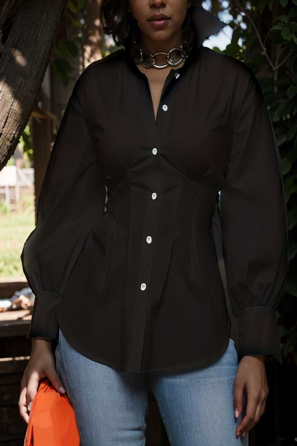 plus size casual blouse women s plus solid button up lantern sleeve turn down collar nipped waist blouse 106588