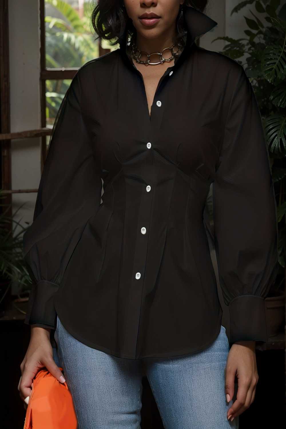plus size casual blouse women s plus solid button up lantern sleeve turn down collar nipped waist blouse 106587
