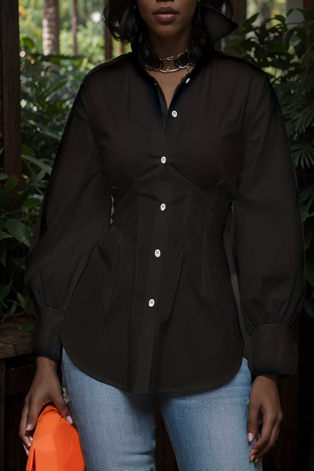 plus size casual blouse women s plus solid button up lantern sleeve turn down collar nipped waist blouse 106586