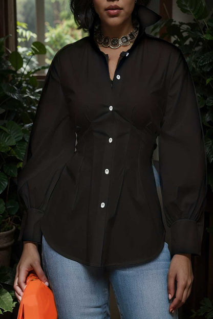 plus size casual blouse women s plus solid button up lantern sleeve turn down collar nipped waist blouse 106585