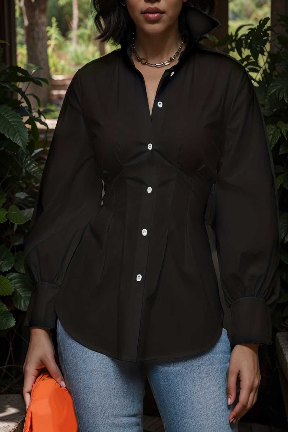 plus size casual blouse women s plus solid button up lantern sleeve turn down collar nipped waist blouse 106584
