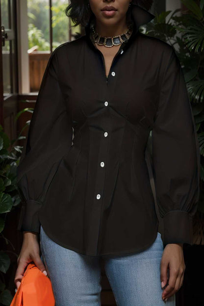 plus size casual blouse women s plus solid button up lantern sleeve turn down collar nipped waist blouse 106583