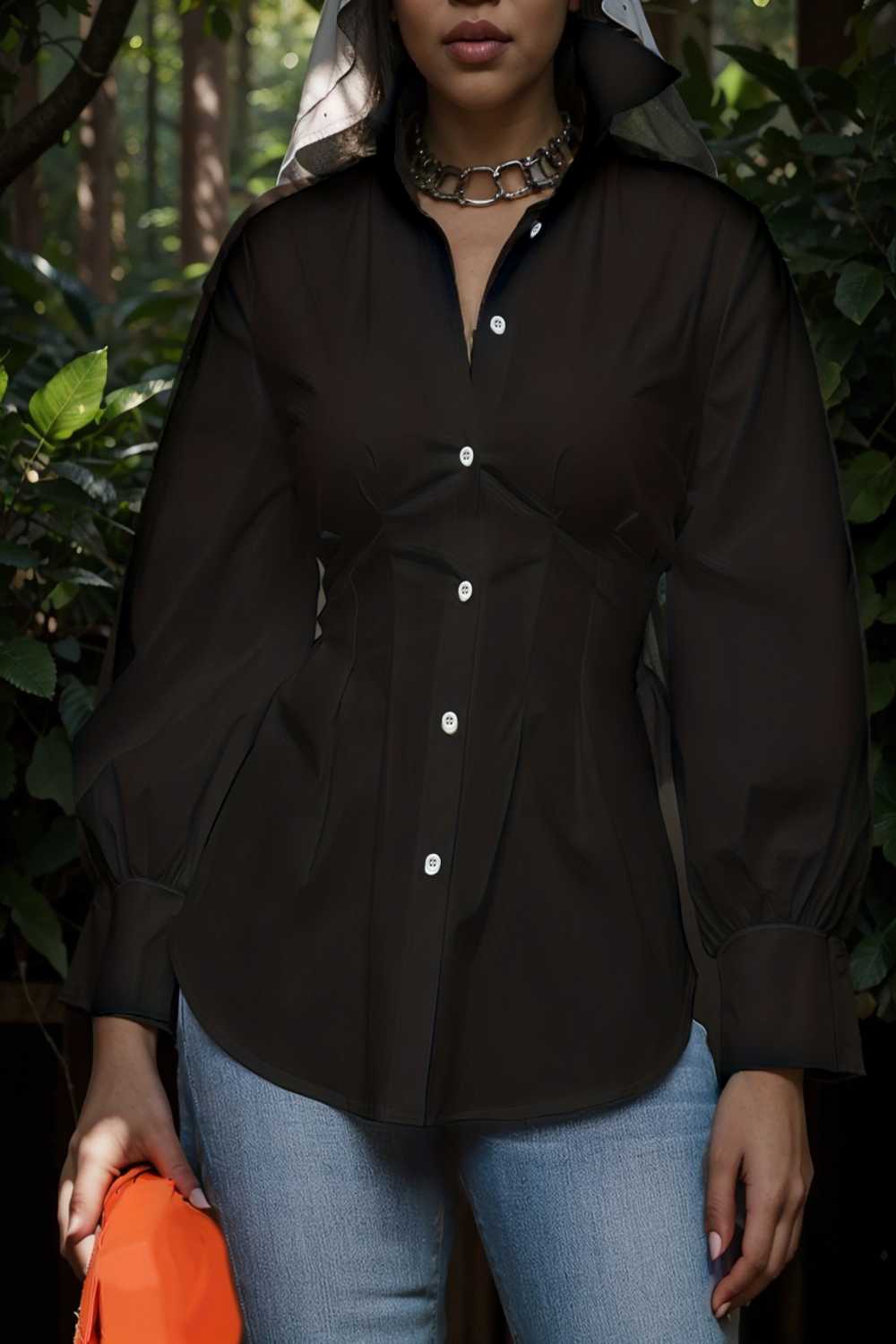 plus size casual blouse women s plus solid button up lantern sleeve turn down collar nipped waist blouse 108556
