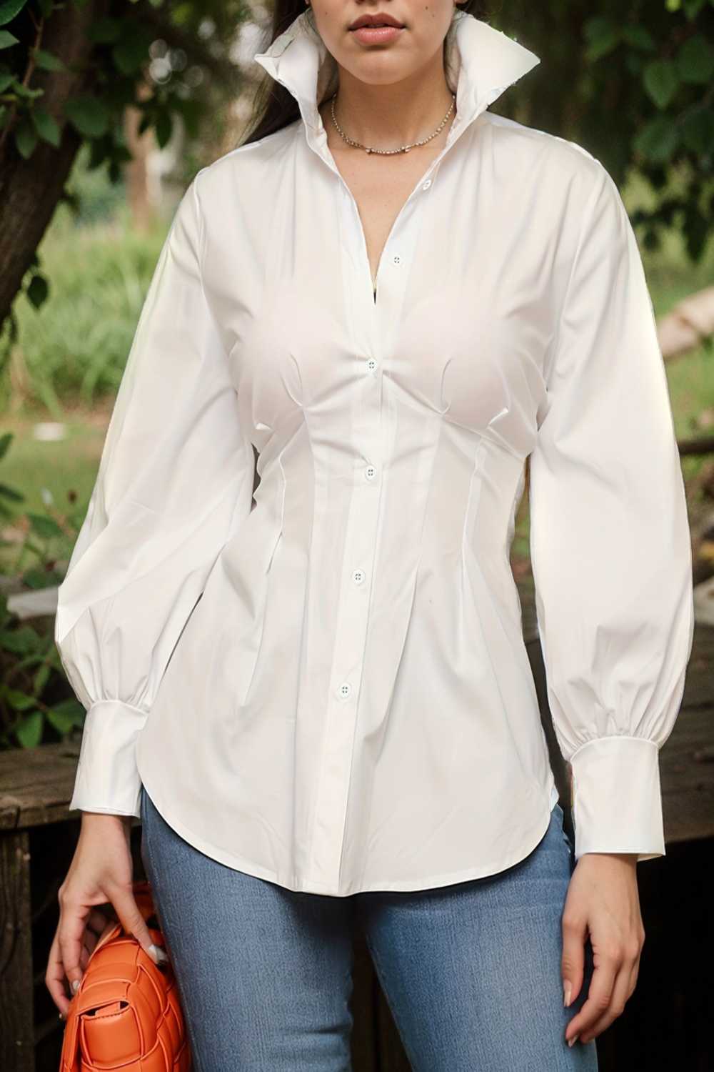 plus size casual blouse women s plus solid button up lantern sleeve turn down collar nipped waist blouse 111952