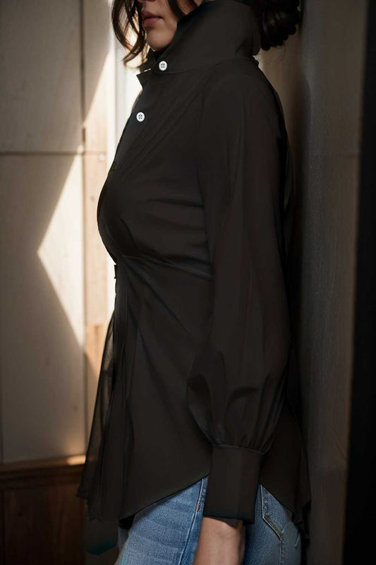 plus size casual blouse women s plus solid button up lantern sleeve turn down collar nipped waist blouse 111562