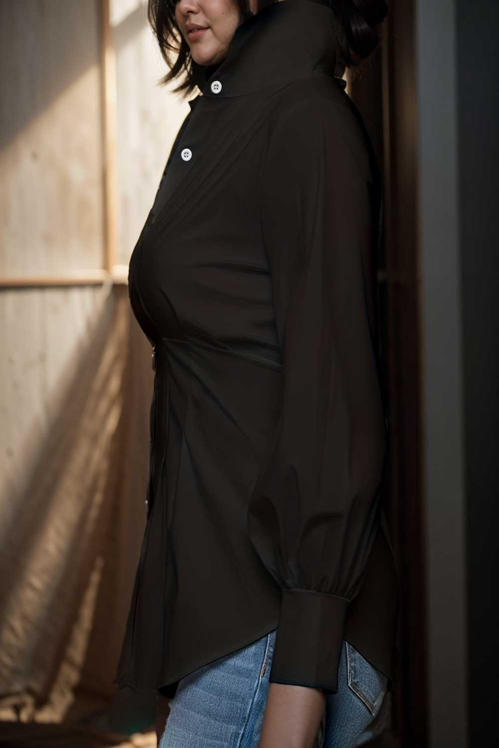 plus size casual blouse women s plus solid button up lantern sleeve turn down collar nipped waist blouse 111944