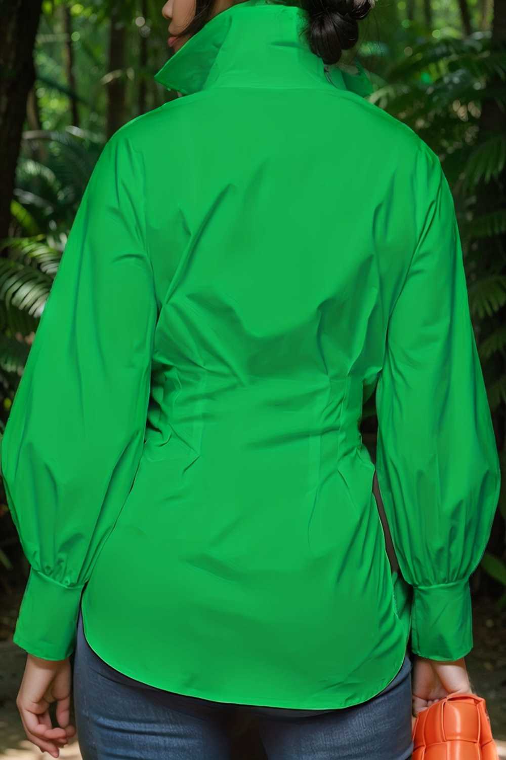 plus size casual blouse women s plus solid button up lantern sleeve turn down collar nipped waist blouse 106555