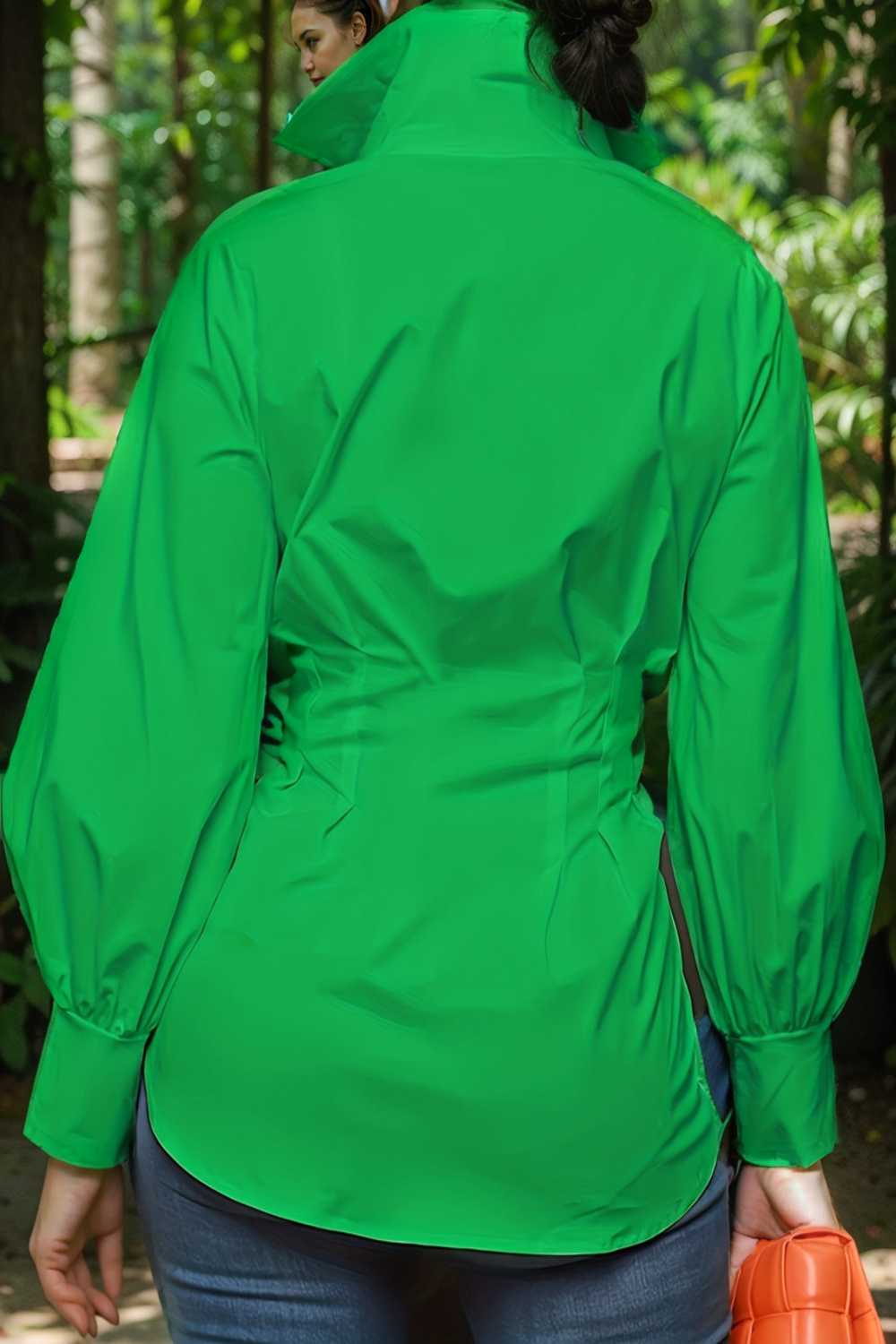 plus size casual blouse women s plus solid button up lantern sleeve turn down collar nipped waist blouse 111934