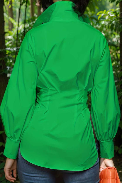 plus size casual blouse women s plus solid button up lantern sleeve turn down collar nipped waist blouse 111930