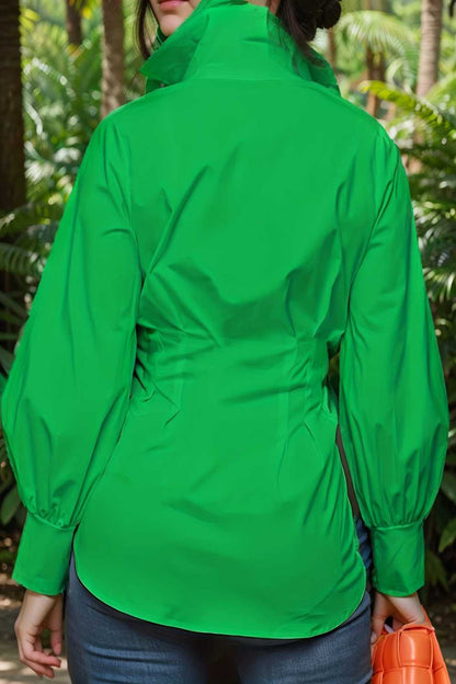 plus size casual blouse women s plus solid button up lantern sleeve turn down collar nipped waist blouse 106537