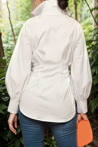 plus size casual blouse women s plus solid button up lantern sleeve turn down collar nipped waist blouse 110810