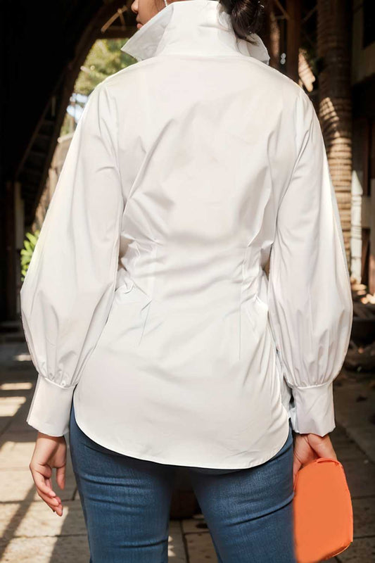 plus size casual blouse women s plus solid button up lantern sleeve turn down collar nipped waist blouse 107651