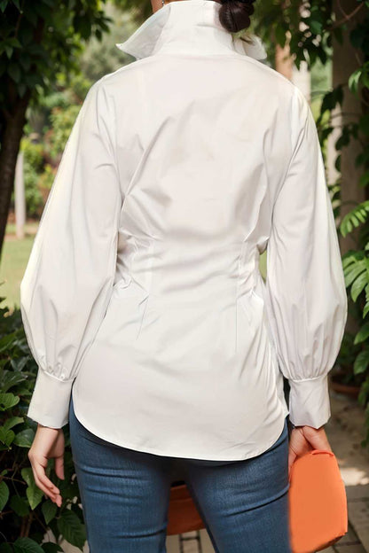 plus size casual blouse women s plus solid button up lantern sleeve turn down collar nipped waist blouse 108169