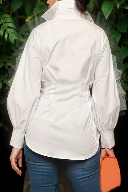 plus size casual blouse women s plus solid button up lantern sleeve turn down collar nipped waist blouse 111928