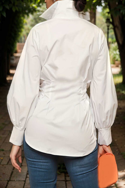 plus size casual blouse women s plus solid button up lantern sleeve turn down collar nipped waist blouse 111927