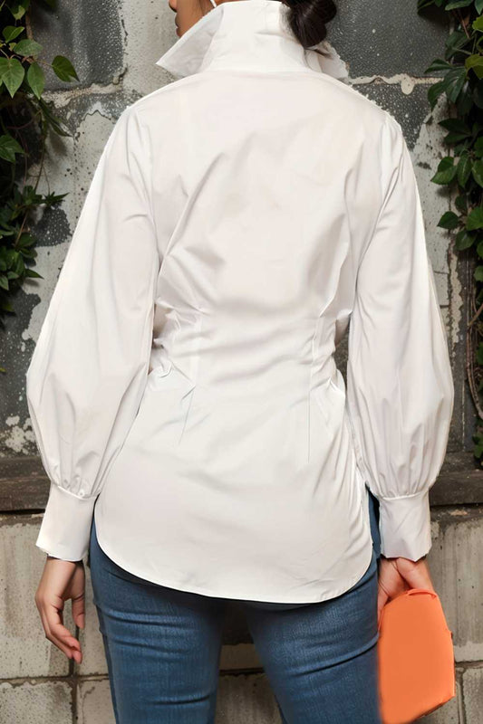 plus size casual blouse women s plus solid button up lantern sleeve turn down collar nipped waist blouse 149206
