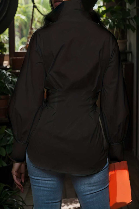 plus size casual blouse women s plus solid button up lantern sleeve turn down collar nipped waist blouse 110808