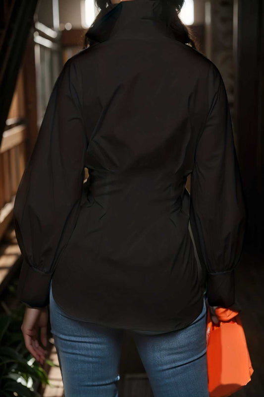 plus size casual blouse women s plus solid button up lantern sleeve turn down collar nipped waist blouse 108123