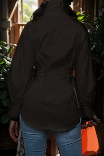 plus size casual blouse women s plus solid button up lantern sleeve turn down collar nipped waist blouse 111916